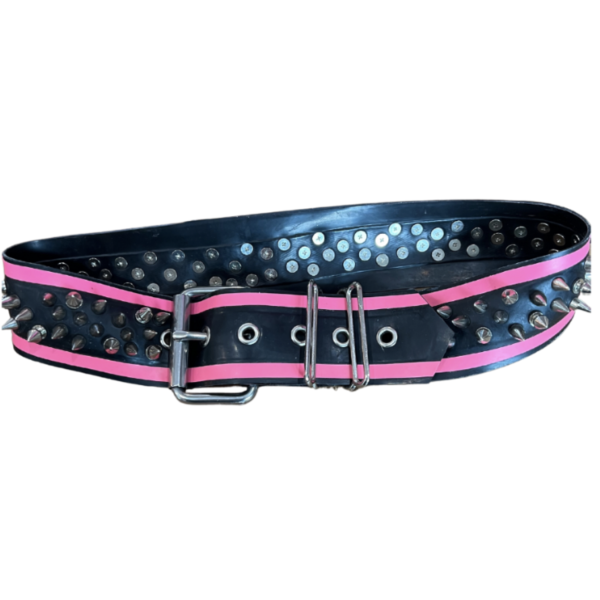 Latex Fashion by Vex The Spiked Belt - Small - Black and Vibrant Hot Pink features black leather with hot pink stripes, silver studs, metal spikes, a large metal buckle, and circular metal accents.